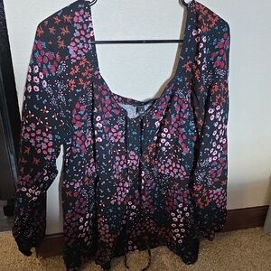 Torrid Black Floral Blouse with Pink and Red Accents